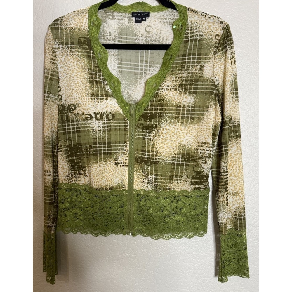 Piano Womens M Zip Up Top Green Plaid Newspaper Print Lace Trim Y2K Chic Retro
